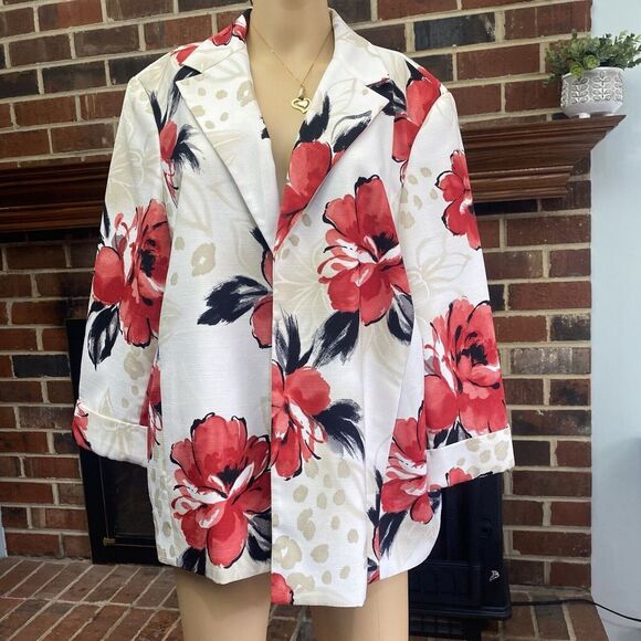 Alfred DunnerJacket Blazer Red Floral Quilted Open Front Lightweight Sz 20 used‎ - Picture 1 of 16